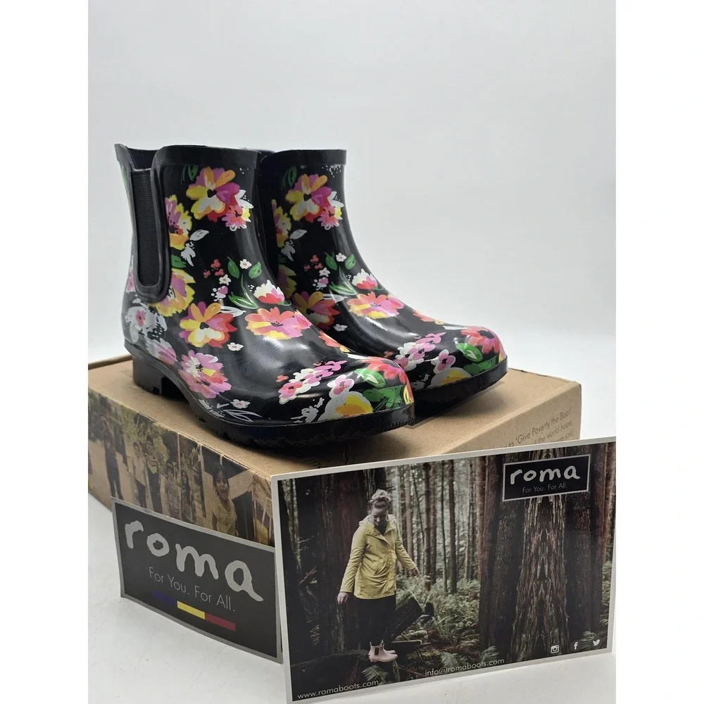 Roma Rain Boots Womens Size‎ 9 Black Floral Chelsea Ankle Rubber Waterproof New
